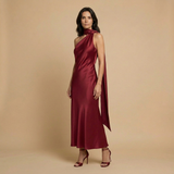 Vestido Largo Satinado Halter Estola Integrada