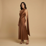 Vestido Largo Satinado Halter Estola Integrada