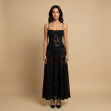 Vestido Largo Apliques Florales Tul Tirantes