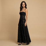 Vestido Largo Apliques Florales Tul Tirantes