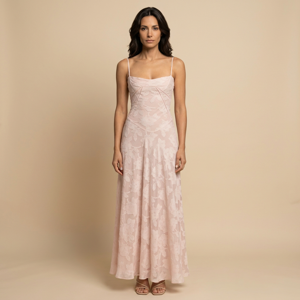 Vestido Largo Apliques Florales Tul Tirantes
