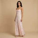 Vestido Largo Apliques Florales Tul Tirantes