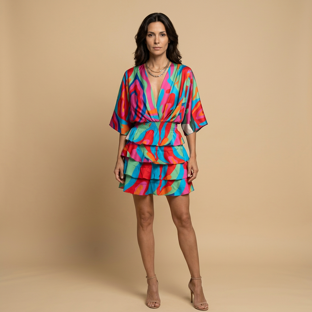 Vestido Corto Tropical Cintura Elástica Volantes