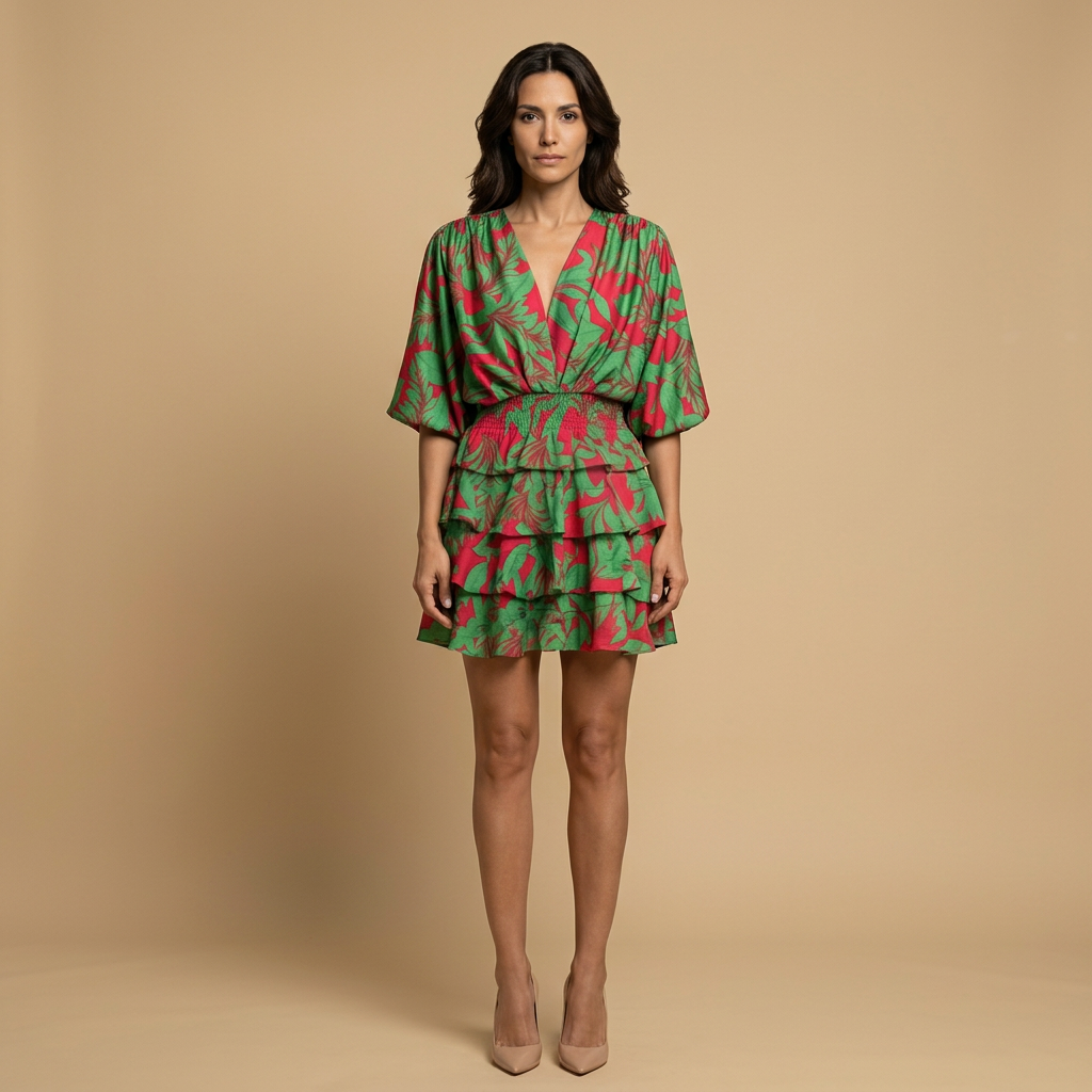 Vestido Corto Tropical Cintura Elástica Volantes