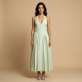 Vestido Midi Halter Escote V Falda Godets