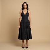 Vestido Midi Halter Escote V Falda Godets
