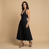 Vestido Midi Halter Escote V Falda Godets