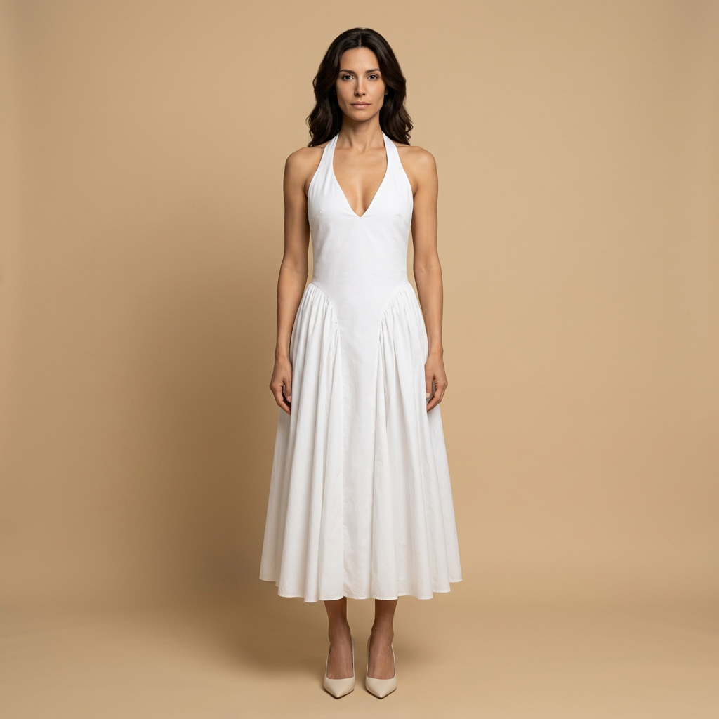 Vestido Midi Halter Escote V Falda Godets