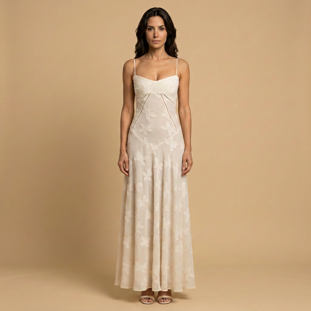 Vestido Largo Apliques Florales Tul Tirantes
