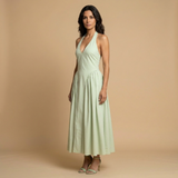 Vestido Midi Halter Escote V Falda Godets