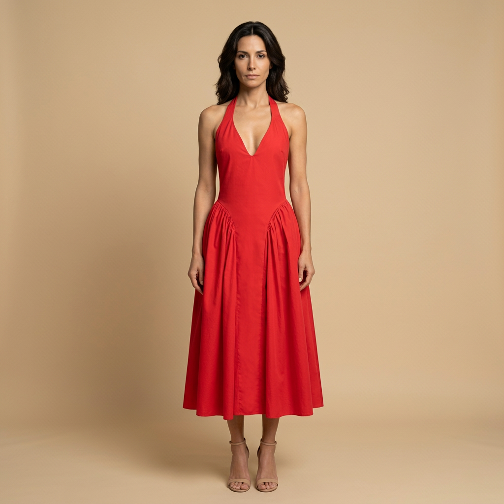 Vestido Midi Halter Escote V Falda Godets