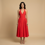 Vestido Midi Halter Escote V Falda Godets