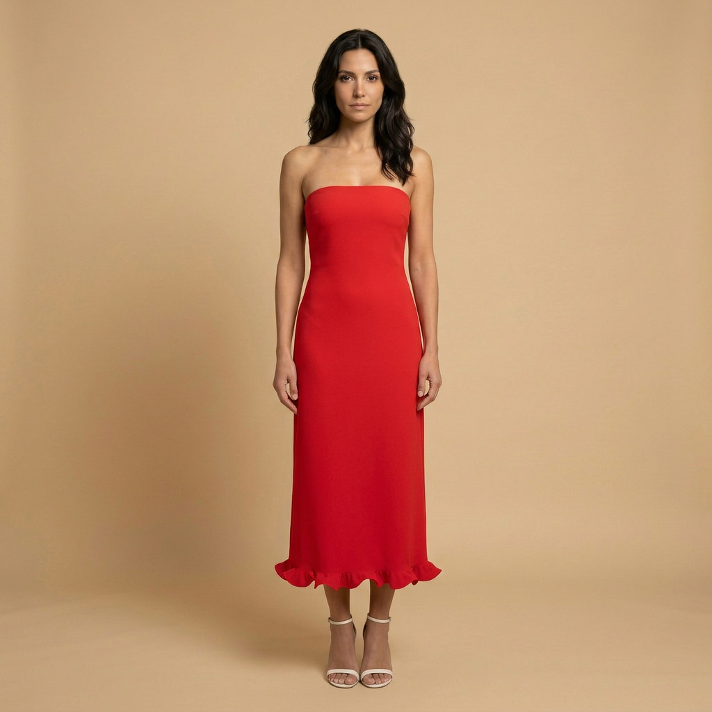 Vestido Midi Strapless Bodycon Volante Bajo