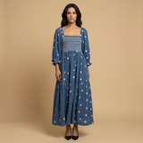 Vestido Midi Smocked Floral Manga Puff