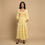 Vestido Midi Smocked Floral Manga Puff