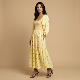 Vestido Midi Smocked Floral Manga Puff