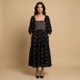 Vestido Midi Smocked Floral Manga Puff