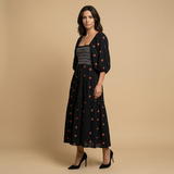 Vestido Midi Smocked Floral Manga Puff