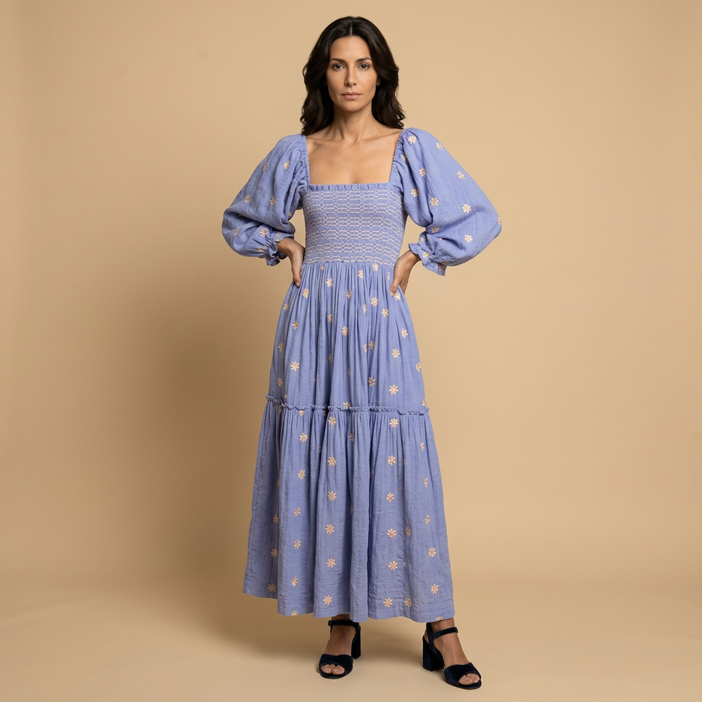 Vestido Midi Smocked Floral Manga Puff
