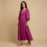 Vestido Midi Smocked Floral Manga Puff