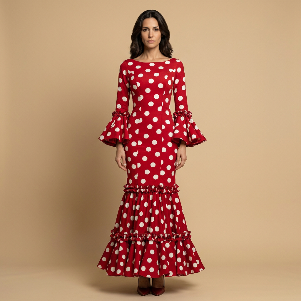 Vestido Largo Flamenca Lunares Manga Campana