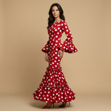 Vestido Largo Flamenca Lunares Manga Campana