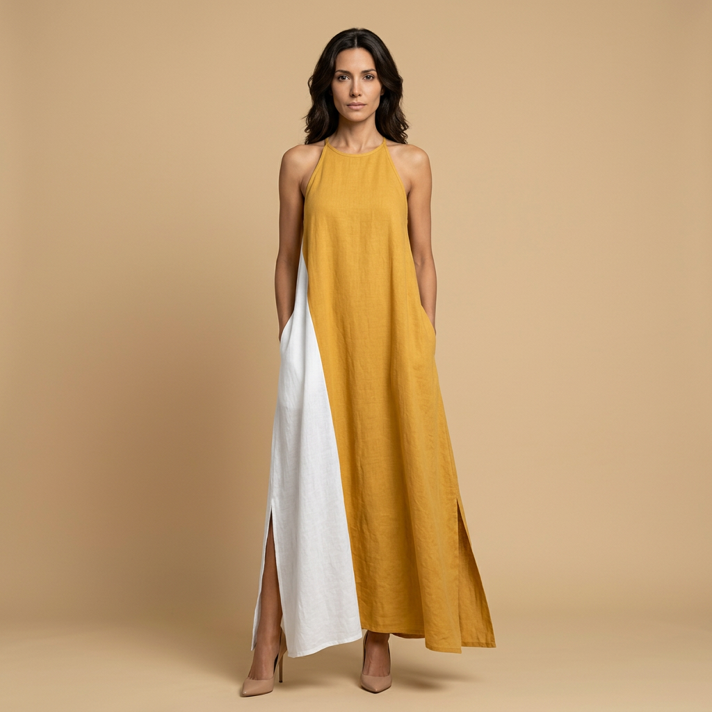 Vestido Largo Halter Contraste Aberturas Laterales
