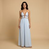 Vestido Largo Halter Rayas Cinturón Integrado