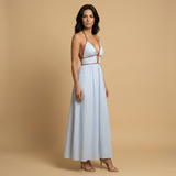 Vestido Largo Halter Rayas Cinturón Integrado