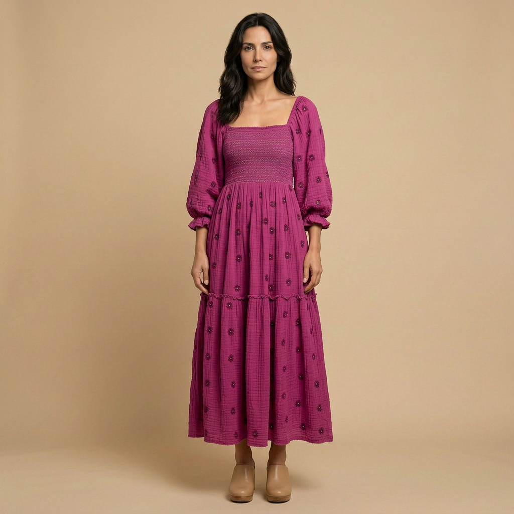 Vestido Midi Smocked Floral Manga Puff