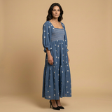 Vestido Midi Smocked Floral Manga Puff