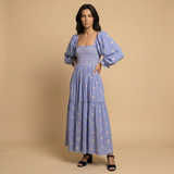 Vestido Midi Smocked Floral Manga Puff