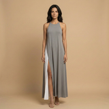 Vestido Largo Halter Contraste Aberturas Laterales