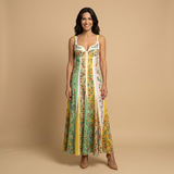 Vestido Midi Bustier Patchwork Floral Paneles
