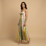 Vestido Midi Bustier Patchwork Floral Paneles