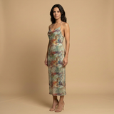 Vestido Largo Halter Floral Cadena Perlas