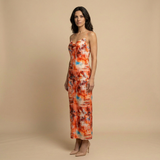 Vestido Largo Halter Floral Cadena Perlas