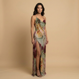 Vestido Largo Halter Floral Cadena Perlas