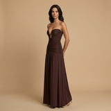 Vestido Largo Strapless Plunge Fruncido Abertura