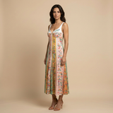 Vestido Midi Bustier Patchwork Floral Paneles