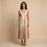 Vestido Midi Bustier Patchwork Floral Paneles